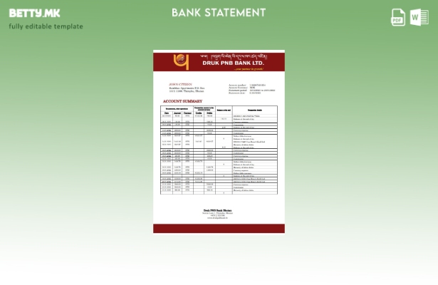 Модерен стил Бутан Друк PNB шаблон за извод од банка